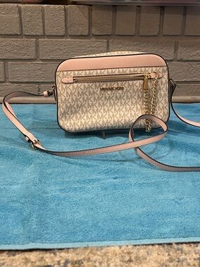 Michael Kors Beige Logo Crossbody with Pink Trim
